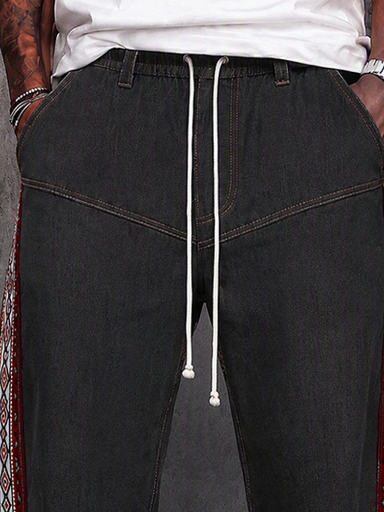Street Style Jacquard Panels Faux Denim Pants