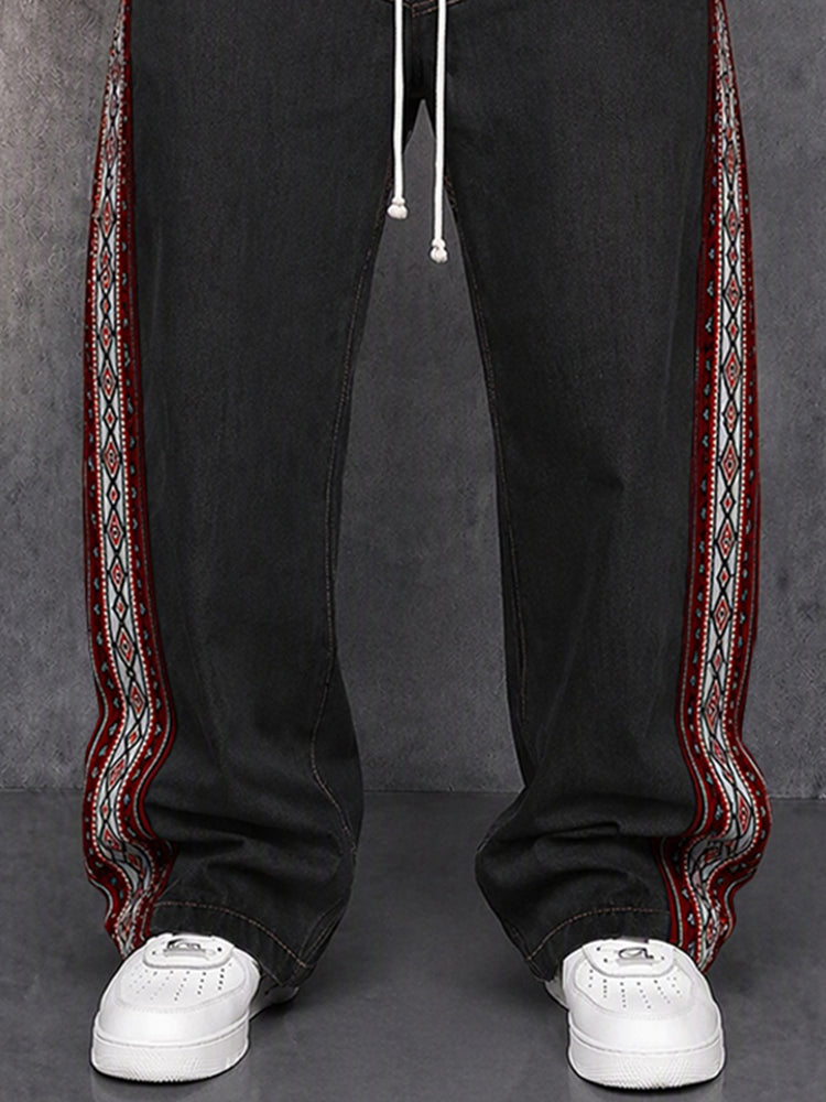 Street Style Jacquard Panels Faux Denim Pants