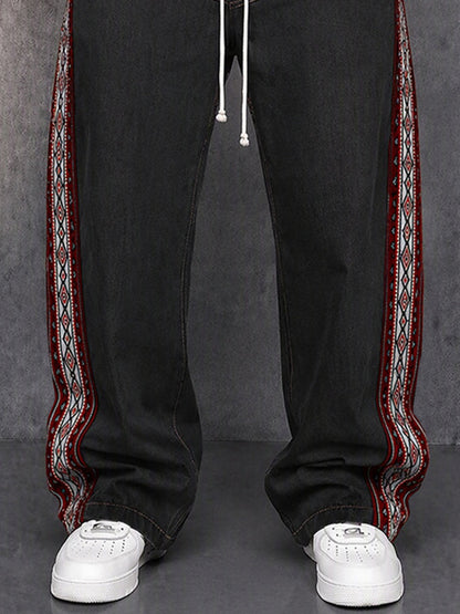 Street Style Jacquard Panels Faux Denim Pants