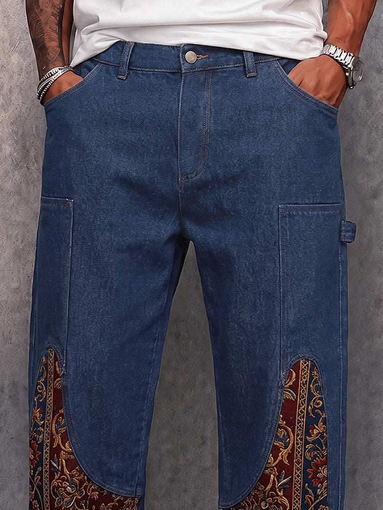 Denim-look Paisley Patchwork Drawstring Pants