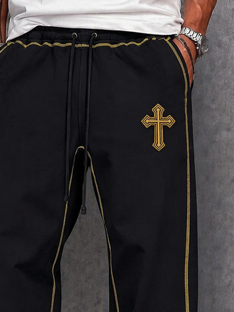 Casual Cross Embroidered Drawstring Pants