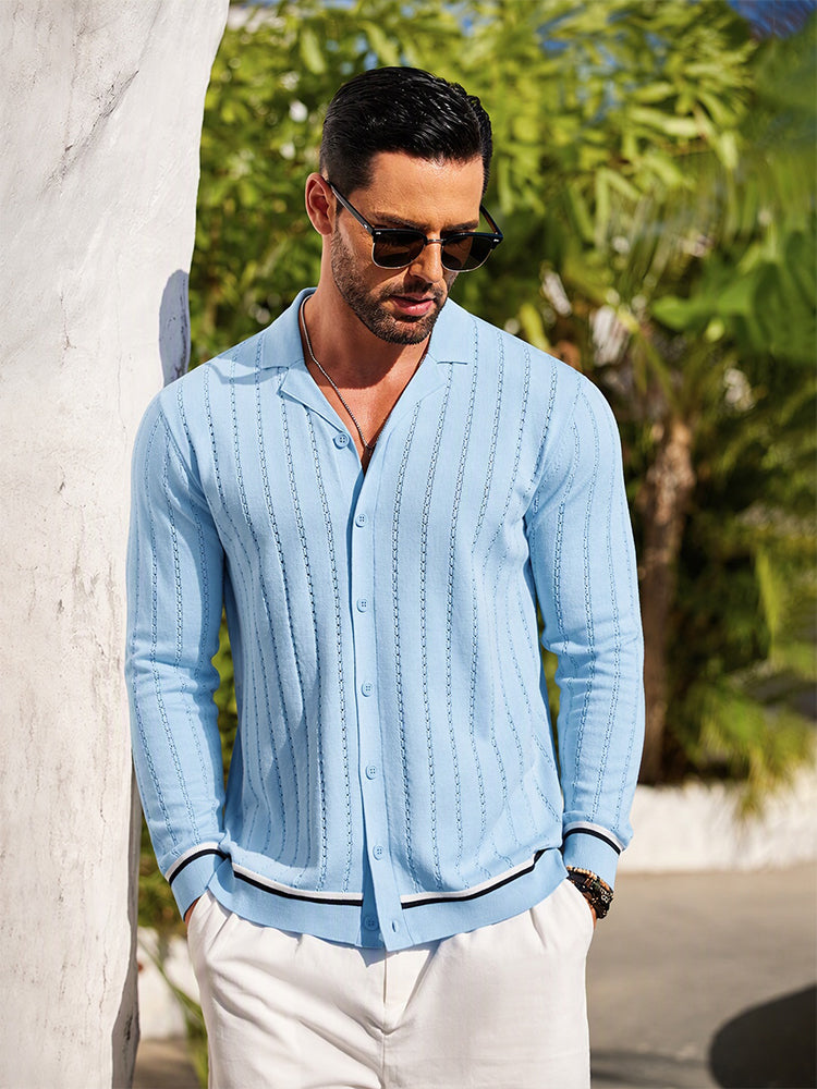 Casual Versatile Striped Button Down Knit Shirt