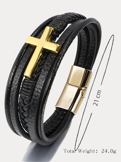 Multi-Layer Braided Leather Cross Bracelet