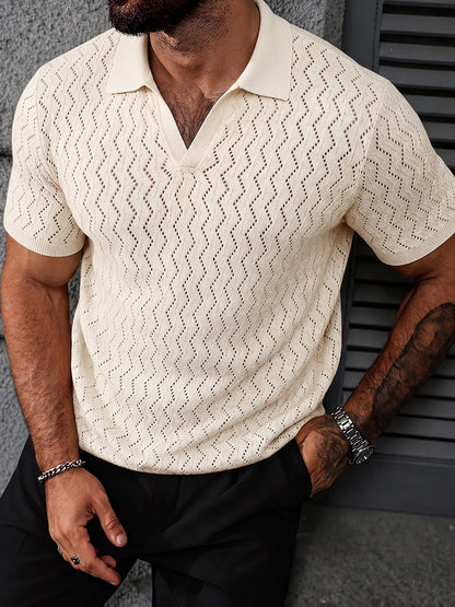 Buttonless V-Neck Wavy Openwork Casual Business Tee