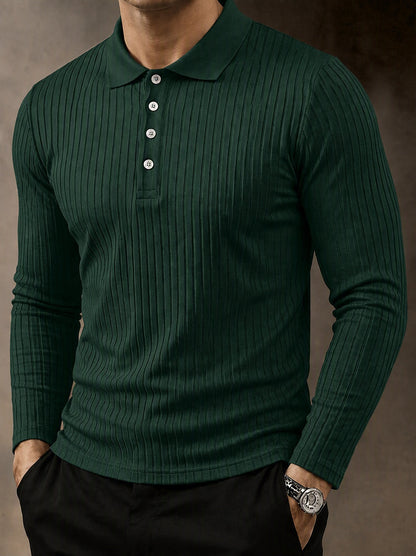 Casual Long Sleeve Ribbed Knit Polo Shirt