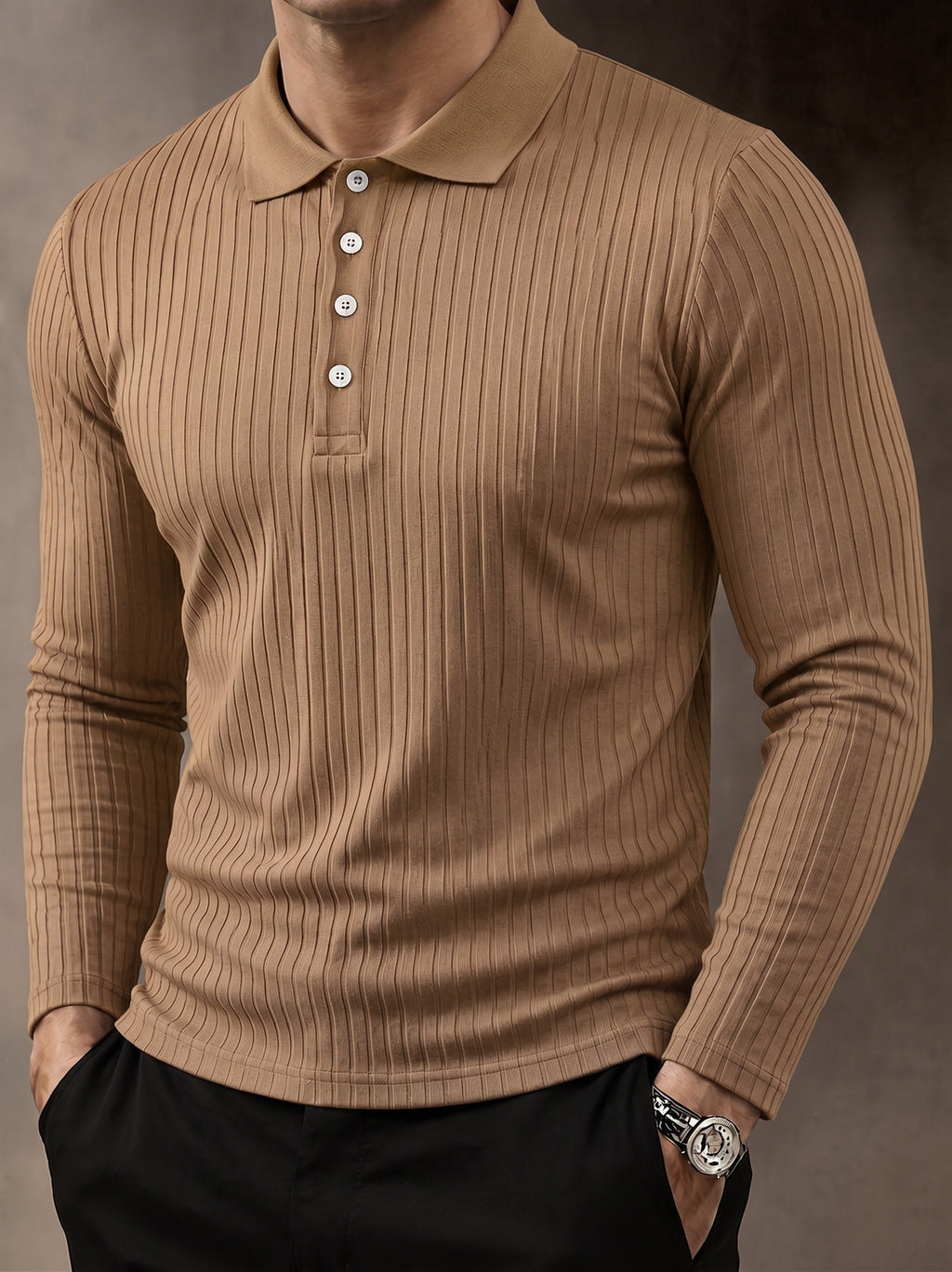 Casual Long Sleeve Ribbed Knit Polo Shirt