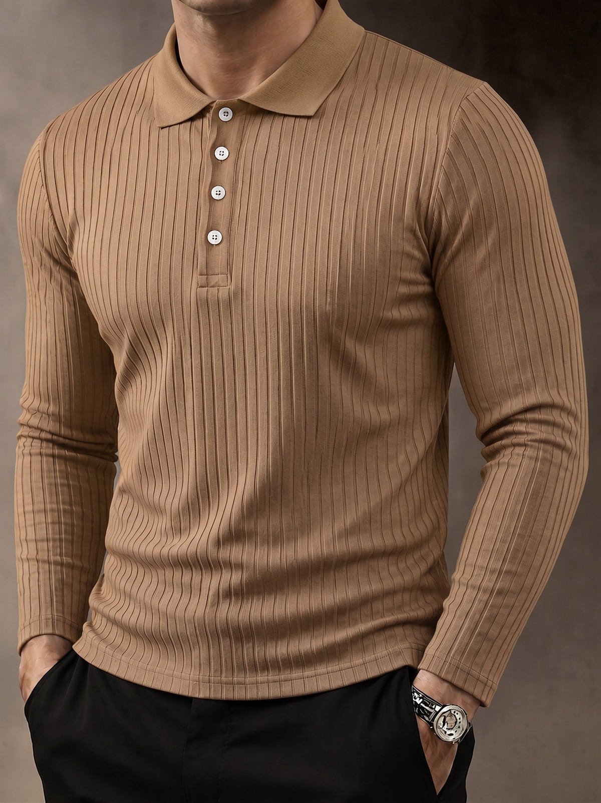 Casual Long Sleeve Ribbed Knit Polo Shirt