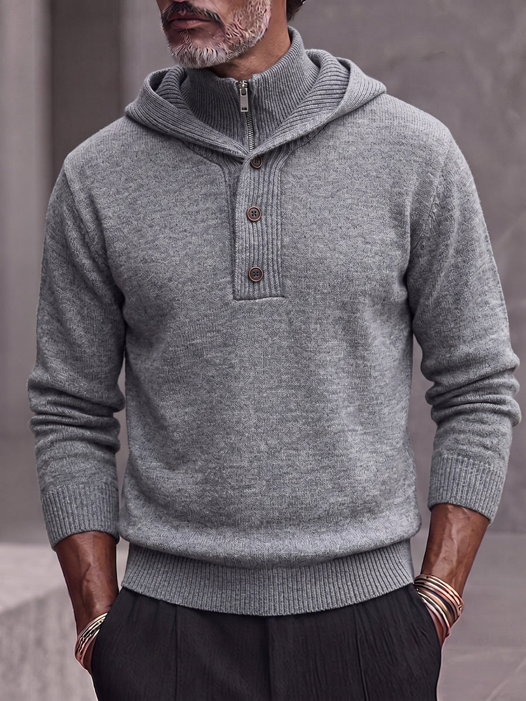 Double Collar Quarter-Zip Button Hooded Knit Pullover Sweater