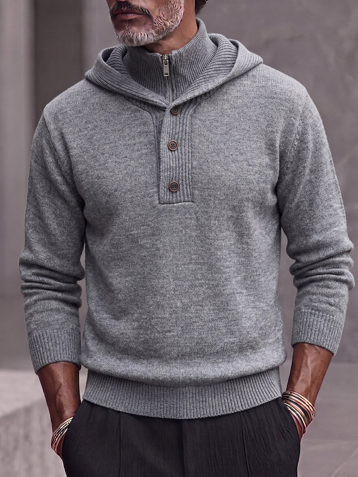 Double Collar Quarter-Zip Button Hooded Knit Pullover Sweater