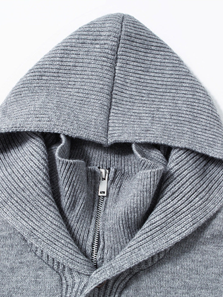Double Collar Quarter-Zip Button Hooded Knit Pullover Sweater