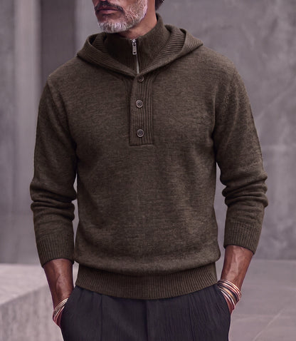 Double Collar Quarter-Zip Button Hooded Knit Pullover Sweater