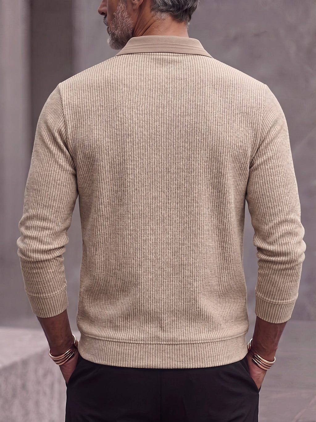 Men's Contrast Collar Ribbed Knit Long Sleeve Polo Shirt