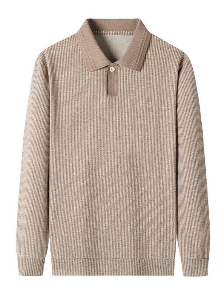 Men's Contrast Collar Ribbed Knit Long Sleeve Polo Shirt