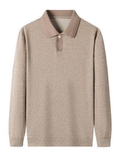 Men's Contrast Collar Ribbed Knit Long Sleeve Polo Shirt