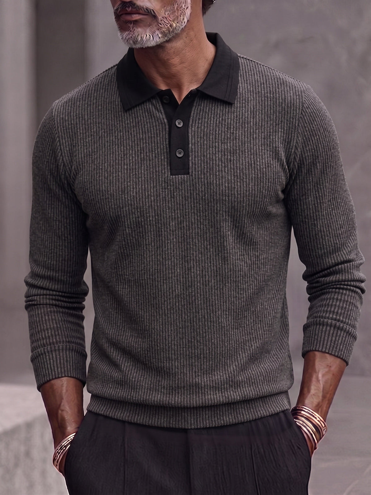 Men's Contrast Collar Ribbed Knit Long Sleeve Polo Shirt