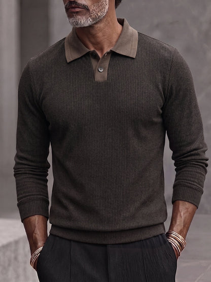 Men's Contrast Collar Ribbed Knit Long Sleeve Polo Shirt