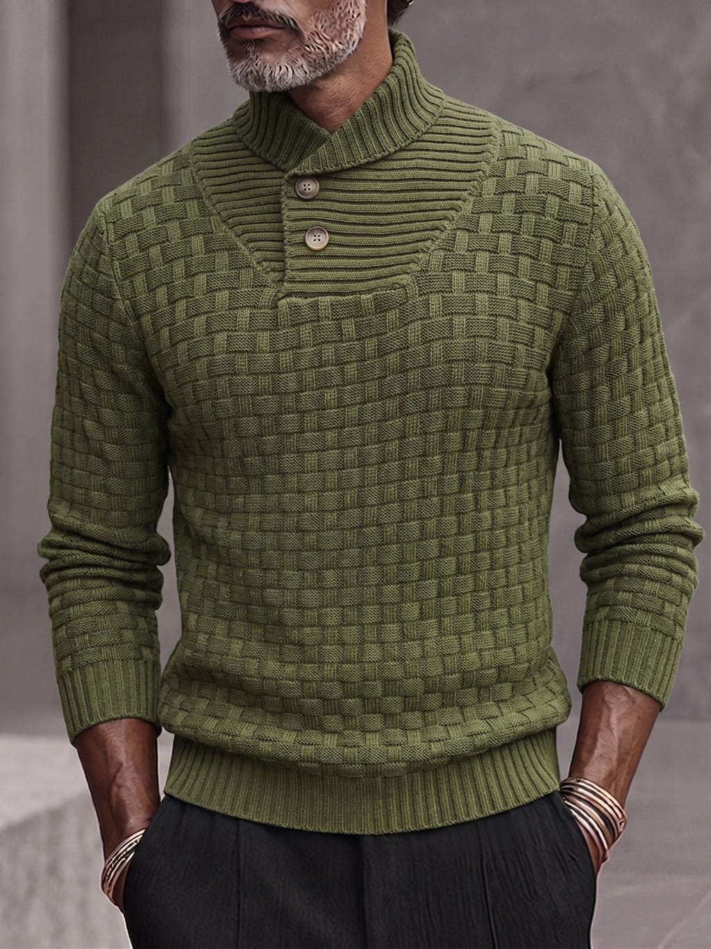 Men's Shawl Mock Neck Textured Knit Pullover Sweater