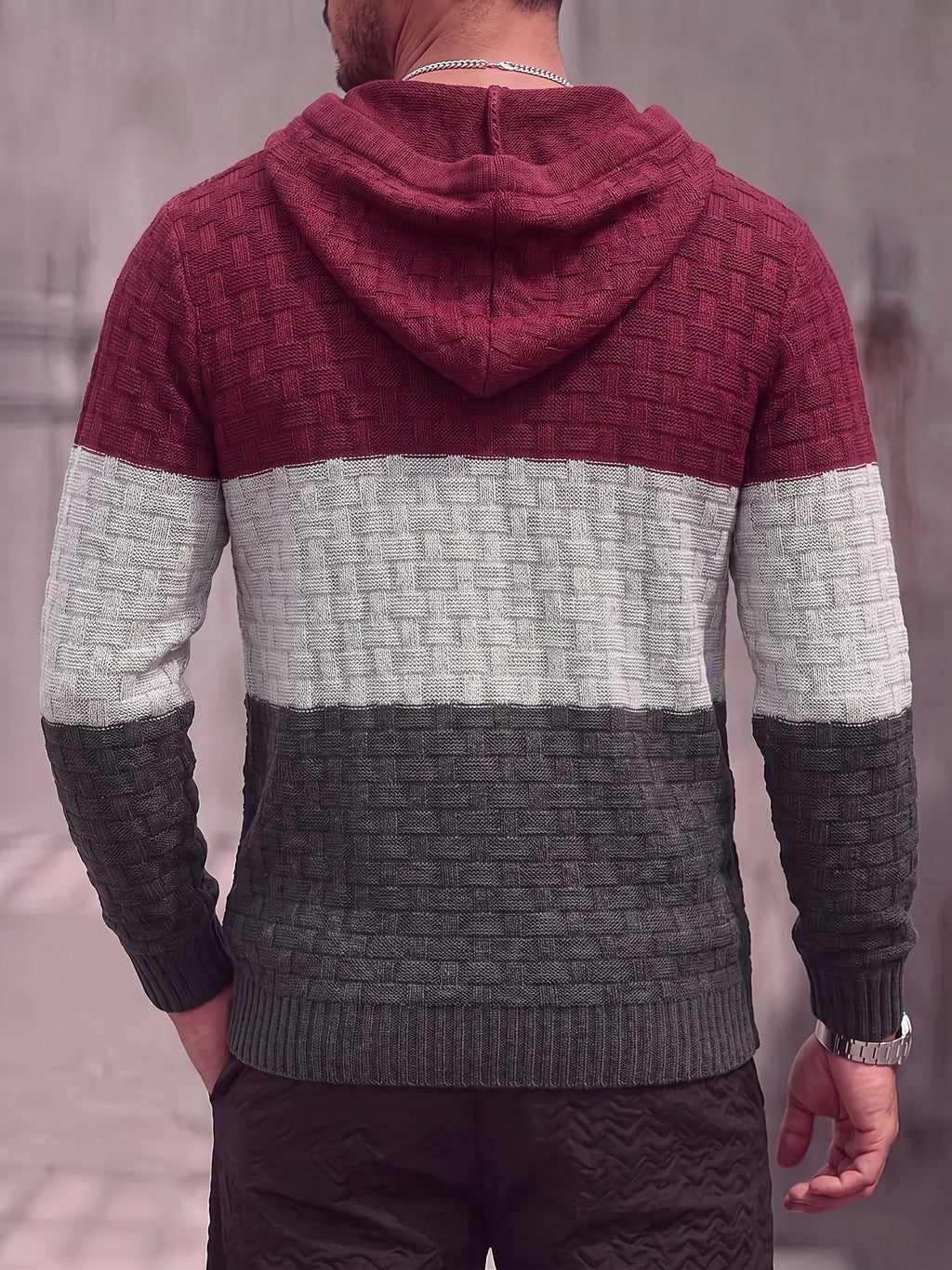 Color Block Textured Knit Hooded Pullover Sweater