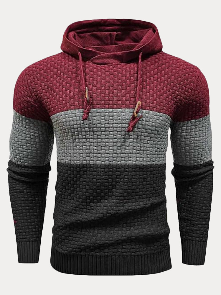 Color Block Textured Knit Hooded Pullover Sweater