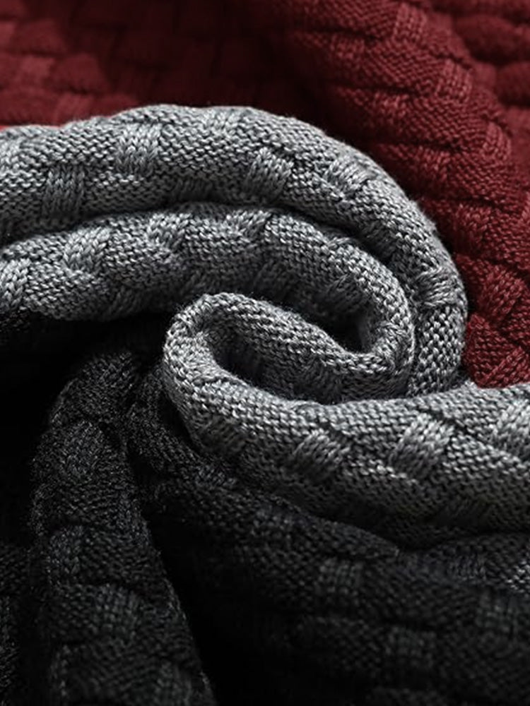 Color Block Textured Knit Hooded Pullover Sweater